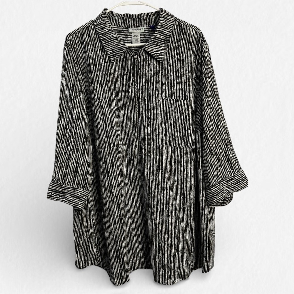 Catherines Women's 3XWP Black Gray White Dotted Stripe Zip Front Tunic Shirt